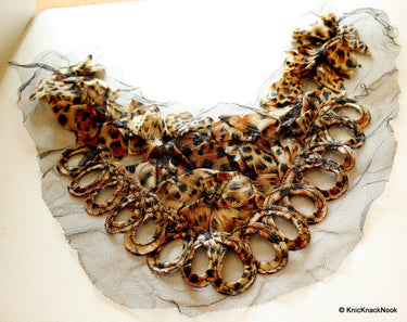 Brown And Black Leopard Print Satin Fabric Neck Collar Trim